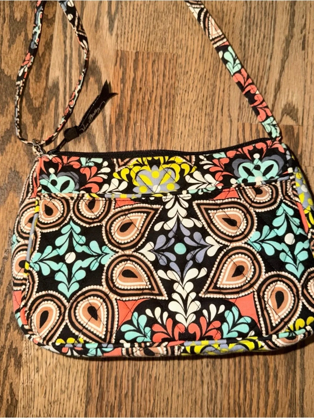Vera Bradley Black Quilted Crossbody with Coral, Aqua & Yellow Paisley - Picture 1 of 4